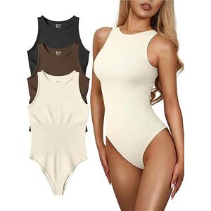 OQQ Women's 3 Piece Bodysuits Sexy Ribbed One Piece Sleeveless Halter Neck Tops Leotard Summer Trendy, Large