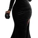 Vakkest Women Off The Shoulder Formal Dresses Long Sleeve Evening Party Velvet Maxi Dress High Split Cocktail Gowns (XX-Large, Black)