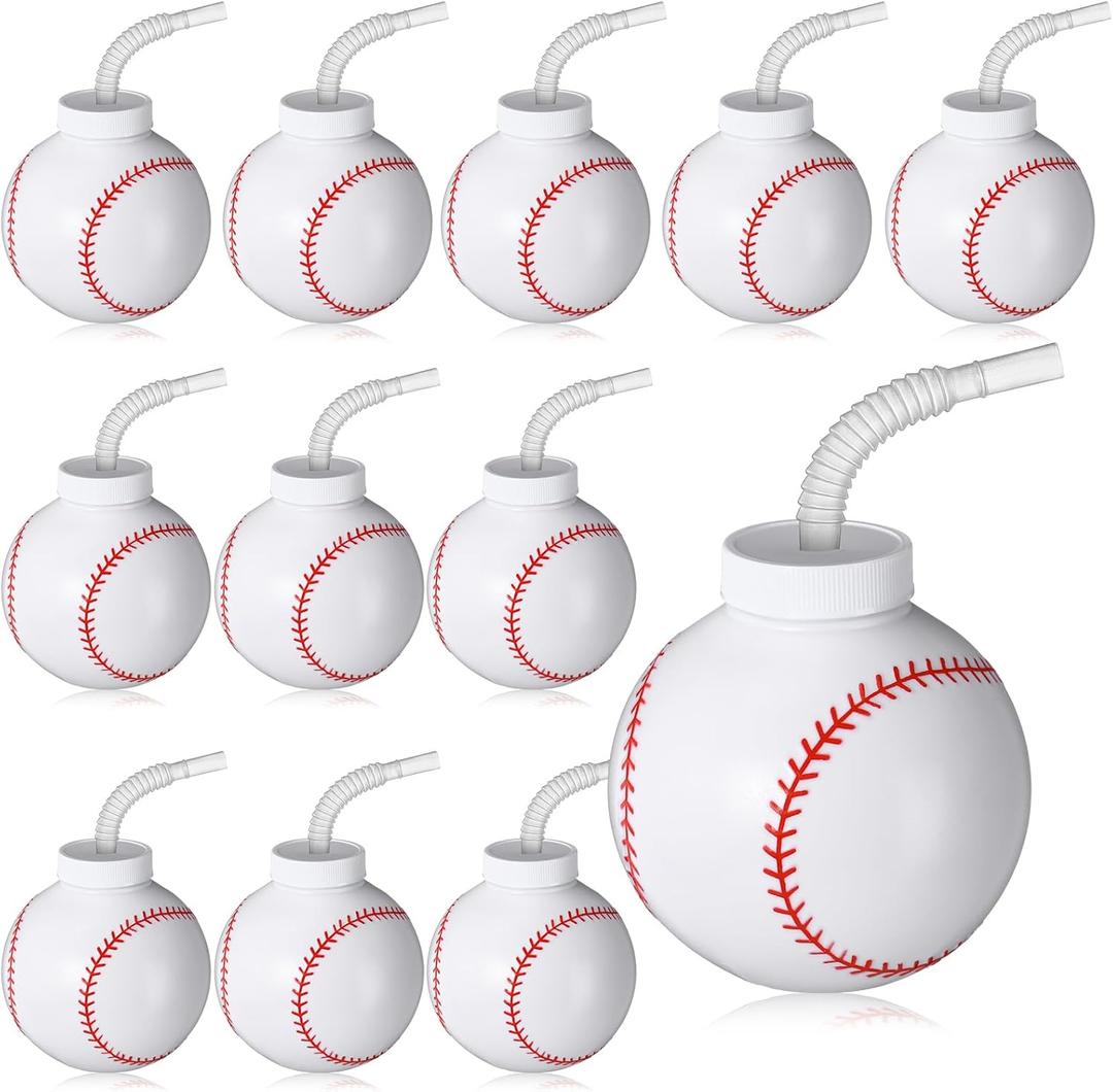 Sumind 12 Pcs Sport Ball Cups with Straws and Lids, 17 oz Plastic Cups Bulk for Adults Birthday Theme Party Sport Party Favors Supplies(Baseball)