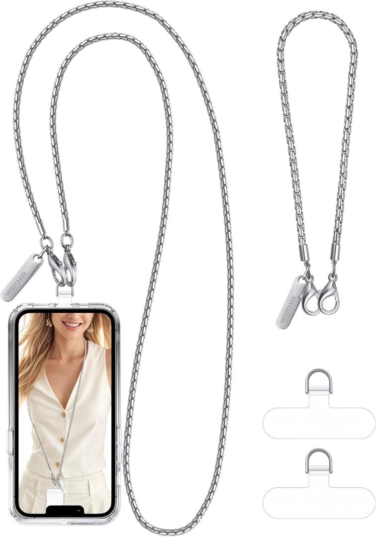 MOUTAKEY Metal Cell Phone Chain Set Detachable iPhone Chain Strap Fits All Phones Crossbody Phone Lanyard*1 Phone Wrist Strap*1 with 2 Tether Tabs iPhone Wristlet For Women Travel Shopping Camping
