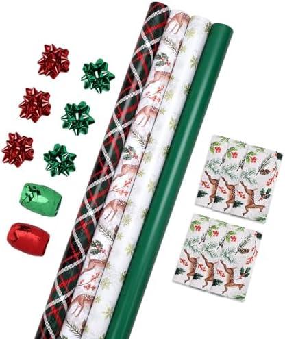 LaRibbons Christmas Wrapping Paper Set, Reindeer & Snowflake Design with Gift Bow & Ribbons & Tags, Perfect for Holiday, Party, Xmas Celebration,30 Inch X 10 Feet (4Rolls, 100 sq.ft.ttl.)