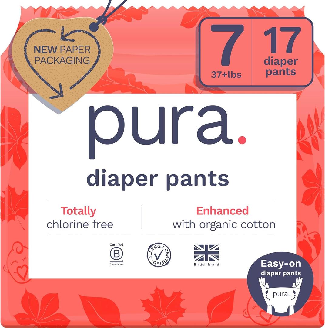 Pura Hypoallergenic Diaper Pants Size 7 (37+ lbs) Overnight, up to 12 Hours Leak Protection, Suitable for Sensitive Skin, Totally Chlorine Free, Soft Organic Cotton, 1 Pack of 17 Pull Up Pants