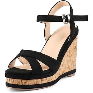 MERUMOTE Women's Wedge Heels High Platform Wedge Sandals Buckle Shoes For Summer (7, Color: 4.72"black Suede)