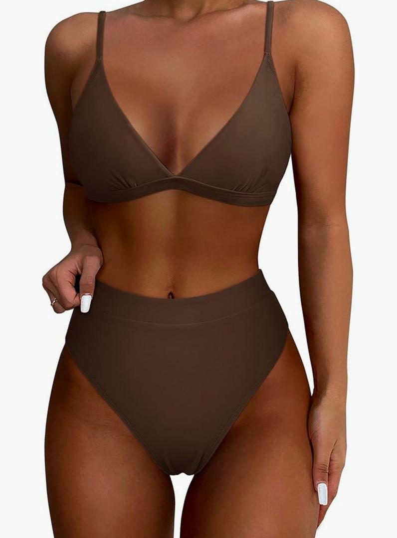 SUUKSESS Women High Waisted High Cut Bikini Set Sexy Triangle Two Piece Swimsuits XL, Brown