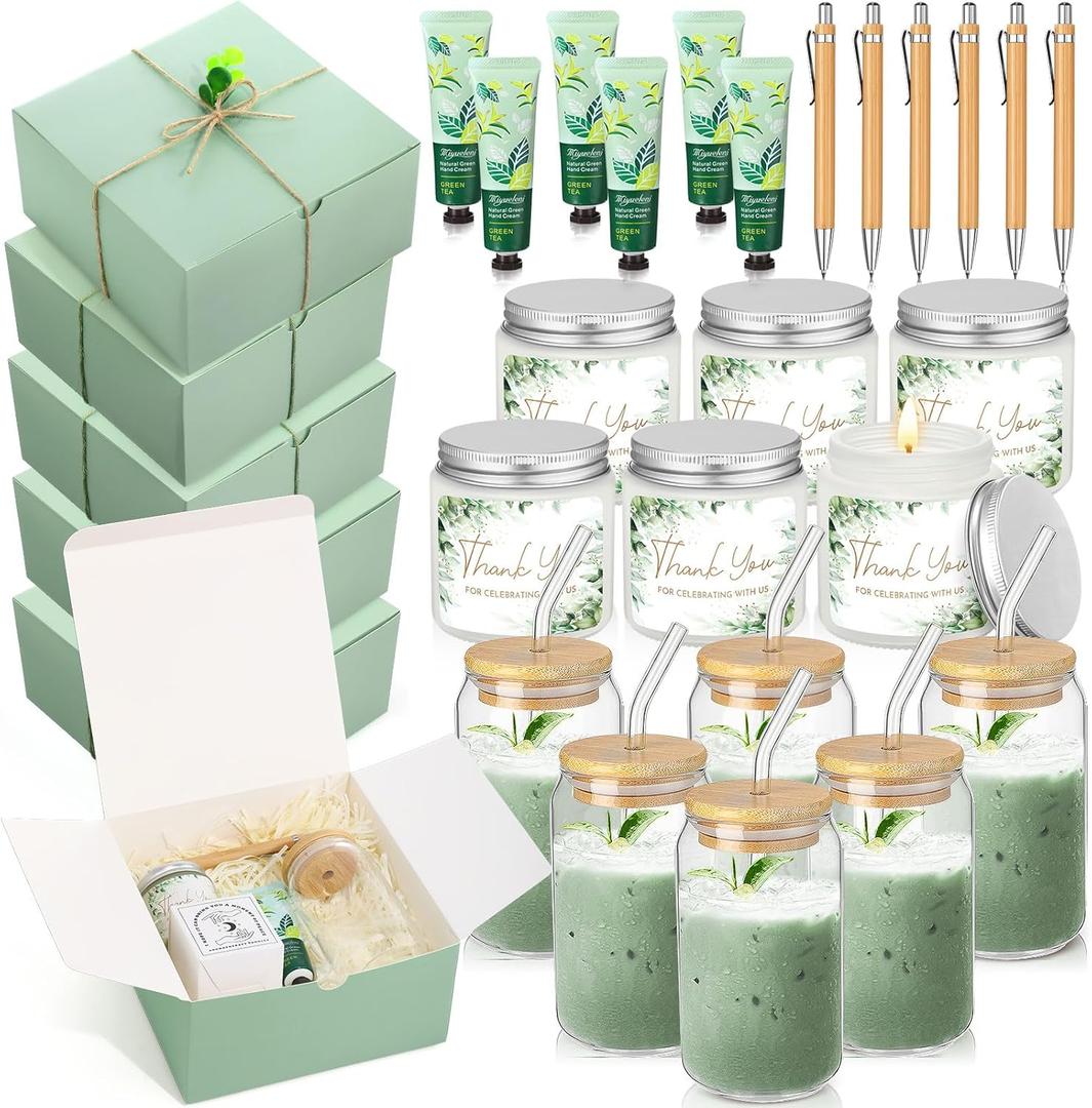 Reallnaive 6 Sets Baby Shower Prizes for Game Winners, Baby Shower Favors Including Glass Cup Scented Candles Hand Cream Pens Gift Box with Raffia for Gender Reveal Wedding Bridal Party Prizes(Green)