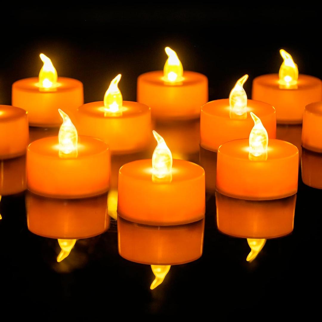 LANKER Flameless Candles with 6H Timer, Flickering Warm Yellow LED Tea Lights with Orange Base, Long Lasting Battery Operated Fake Candles for Party, Halloween and Christmas, Set of 24 (Orange)