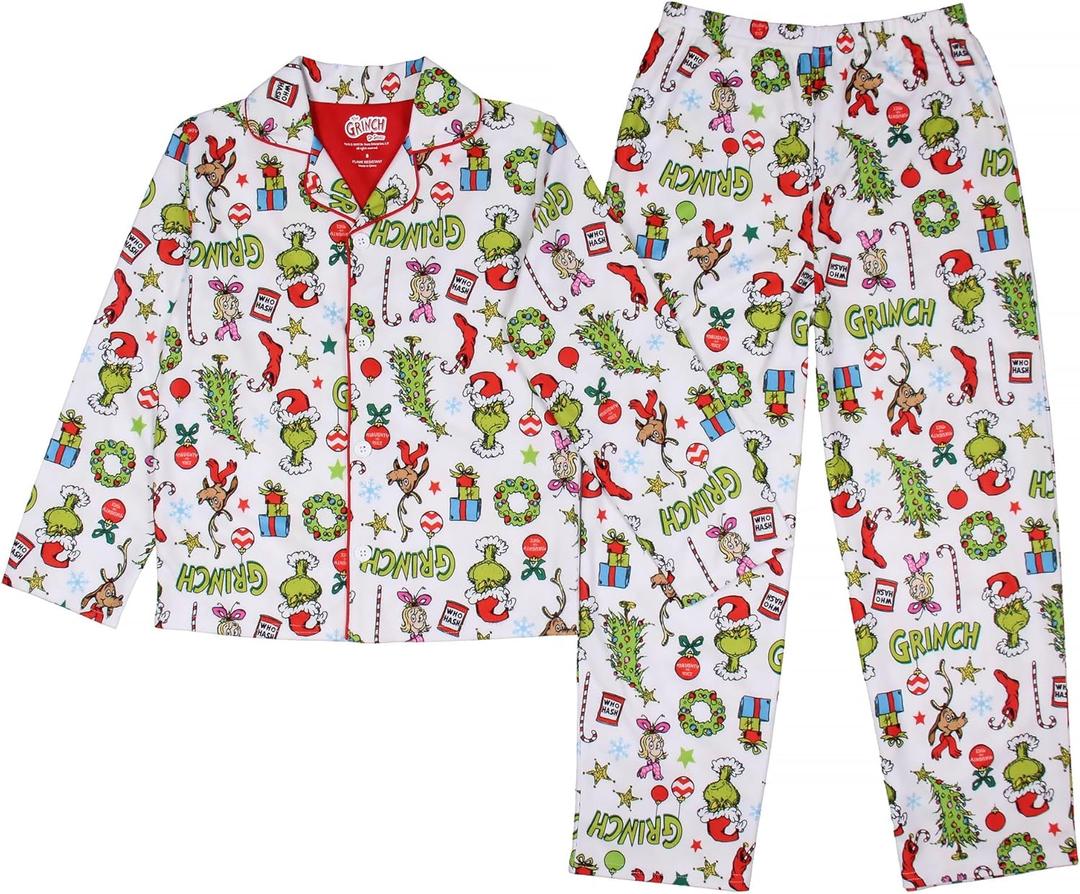 Dr. Seuss The Grinch Pajamas 2-Piece Matching Set - Cozy Christmas PJs Loungewear for Toddlers & Big Kids Boys Girls (4, White)
