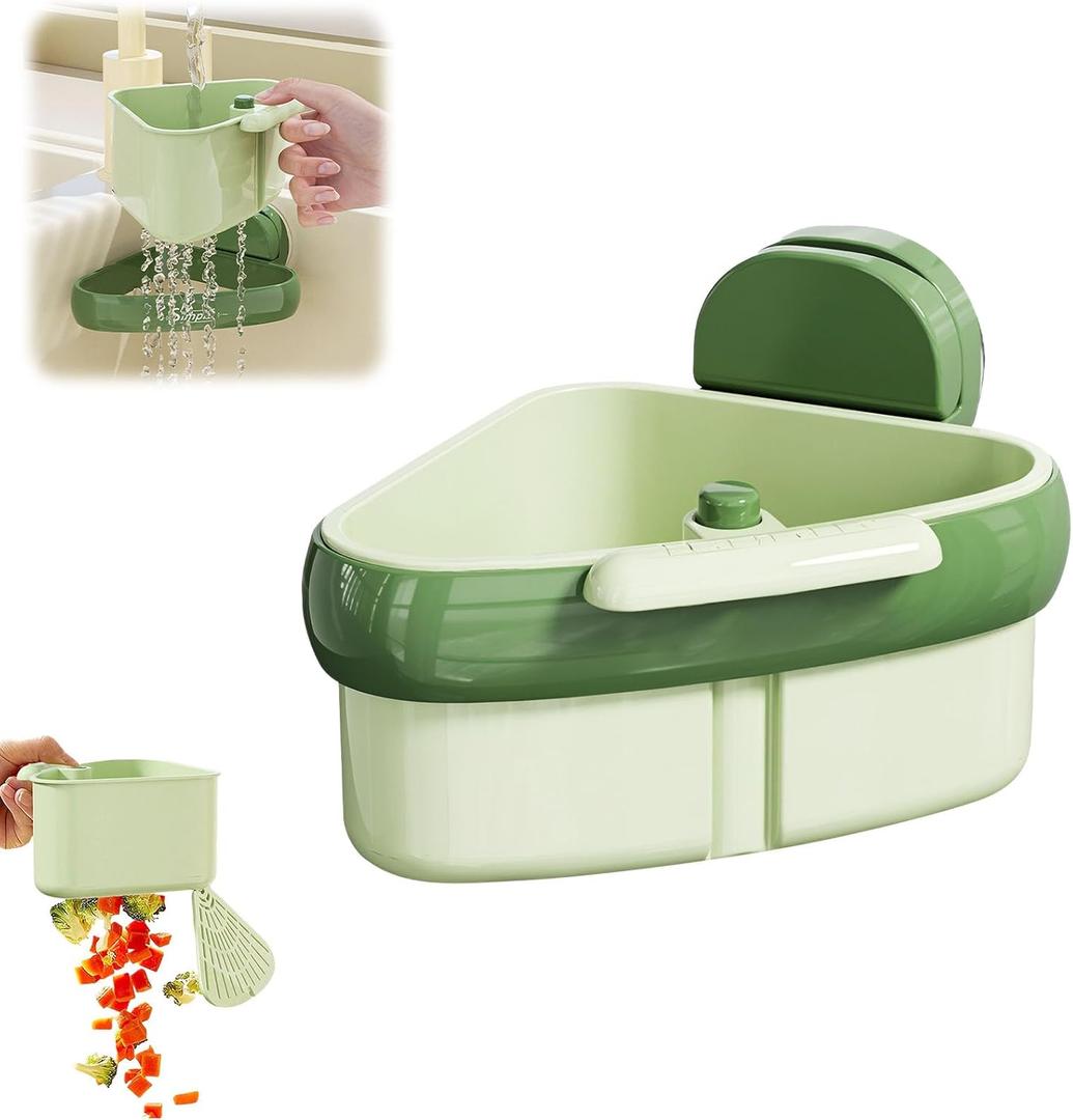 Kitchen Sink Drain Basket, Self-Cleaning Sink Food Catcher, Press to Open Strainer with Reusable Suction Base & Removable Filter Basket for Food Scraps Leftover Disposal