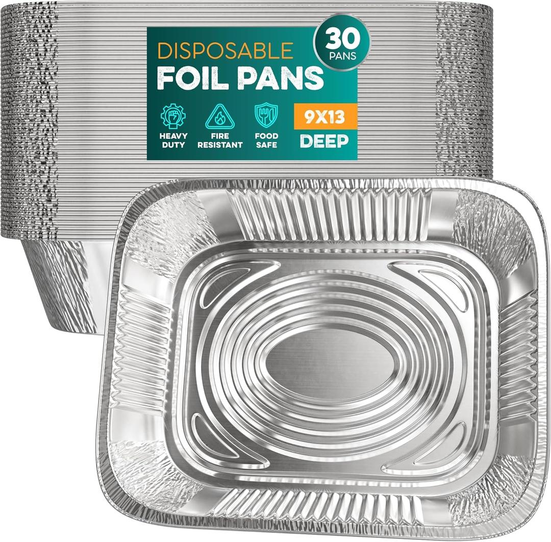 Aluminum Pans 9x13 [30 Pack] - Disposable Pans for Baking, BBQ Grilling, Roasting, Cake Serving, Catering, Steam Table Chafing