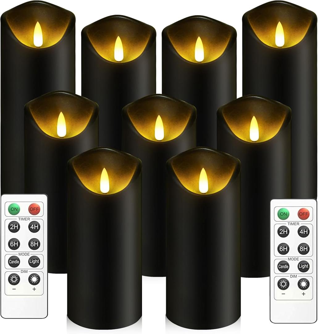 2 x Flickering Flameless Candles, Battery Operated Acrylic LED Pillar Candles with Remote Control and Timer, Set of 9 (Black)