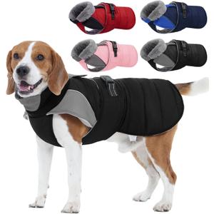 Nanaki Warm Fleece Lined Dog Coats Vests for Winter Waterproof, Furry Collar Dog Jacket with Leash Hole, Reflective Pet Snow Jacket Suit for Outdoor Walking Hunting,Easy On Puppy Coat Beagle, Black L