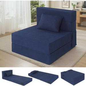 Fvkind Folding Sofa Bed, 4 in 1 Convertible Fold Out Single Chair Bed with Pillow, Memory Foam Futon Chair, Foldable Futon Couch, Foldable Sofa Mattress for Living Room, Bedroom, Guest Room, Blue