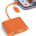 SD Card Reader for iPhone, Memory Card Reader with USB-C to Light-ning Adapter Plug and Play Trail Game Camera Micro SD Card Viewer Support SD/TF Card and USB for iPad No App Required (Orange)