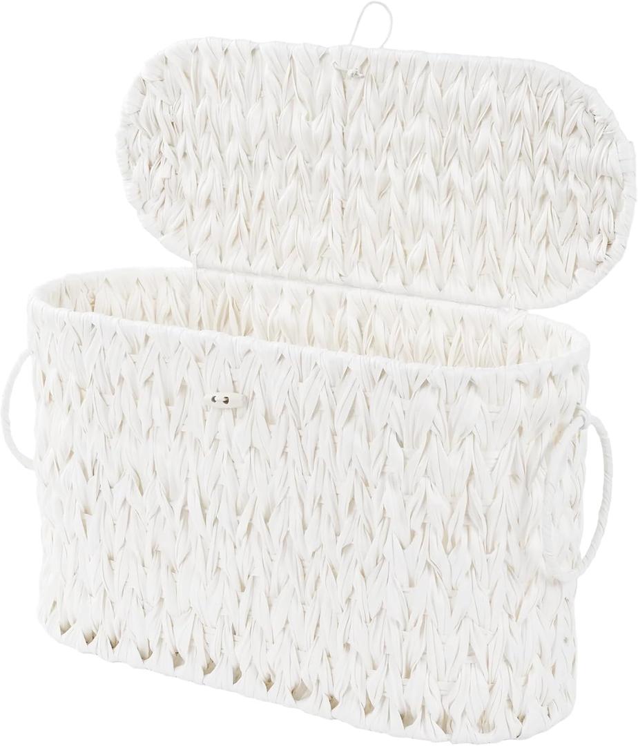 Toilet Paper Basket,Wicker Toilet Paper Storage with Lid,Decorative Boho Wicker Basket for Bathroom,Free Standing-Cream White