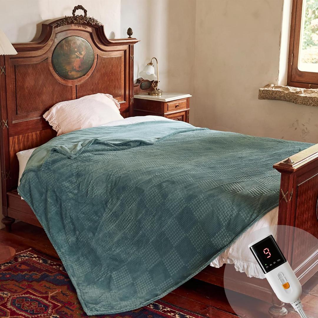Electric Blanket Twin Size 62''X84'' - Heated Blanket with Single Control Fast Heating 9 Heating Levels & 10 Hours Auto Off,ETL Certified Machine Washable (Green)