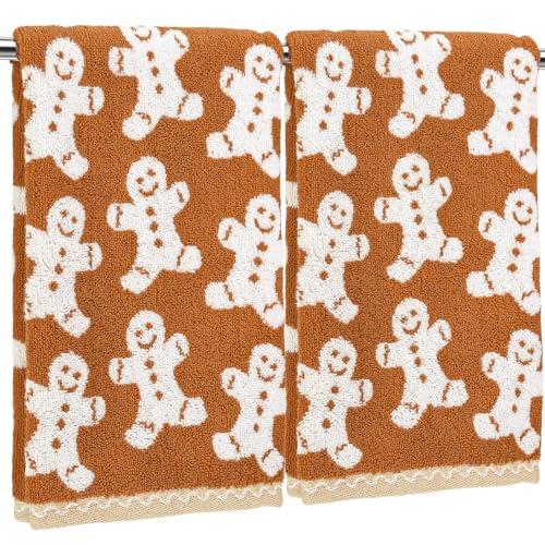 Whaline Christmas Hand Towels Gingerbread Man Xmas Cotton Bathroom Towel Decorative Absorbent Bath Towel for Drying Cleaning Cooking, 26.8 x 15.7 Inch, 2Pcs