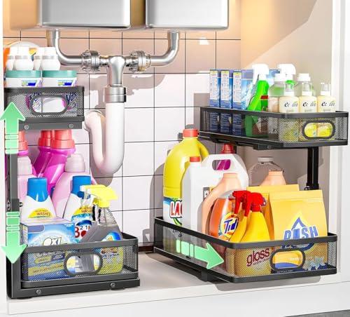 Under Sink Organizer 2 Pack, High Adjustable 2 Tier Under Sink Organizers and Storage, Slide out Metal Cabinet Organizers, Pull out Storage Drawer Shelf for Kitchen Bathroom Cabinet (Black)