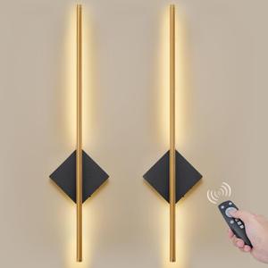 Battery Operated Wall Sconces Set of Two - Wireless Rechargeable Wall Light with Remote - Gold and Black Wall Lamp Dimmable Modern Home Decor for Bedroom Living Room Hallway Timing 31.5 Inch