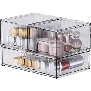 ZHIAI 3 Pack Clear Stackable Cosmetic Organizer with Acrylic Drawers for Cosmetics and Small Items for Dresser, Vanity, Kitchen Cabinet, Pantry, Home Organization and Storage (1long 2 Short)