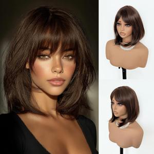 Short Brown Wig with Bangs Brown Bob Wig for Women Medium Shoulder Length Brunette Wig Bob Natural Looking Side Parting Dark Brown Wigs 16 Inch Heat Resistant Synthetic Hair for Girls Daily Party Use