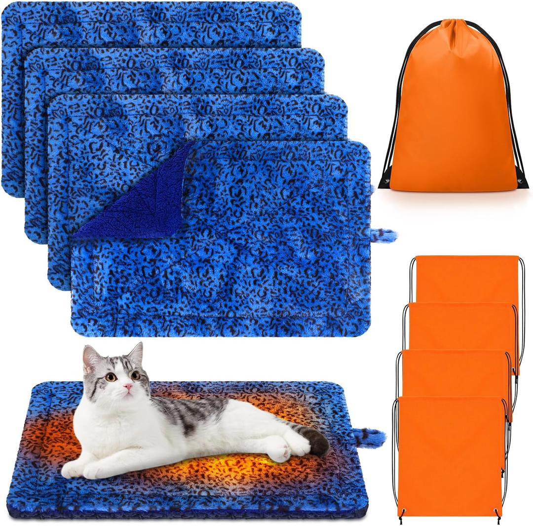 Riakrum 4 Pack Self Warming Cat Bed Mats Leopard Print Cat Dog Thermal Blanket Double Sided Self Heating Pet Pad with Storage Bags for Pet Winter Outdoor Indoor Supplies, Non Electric(L)