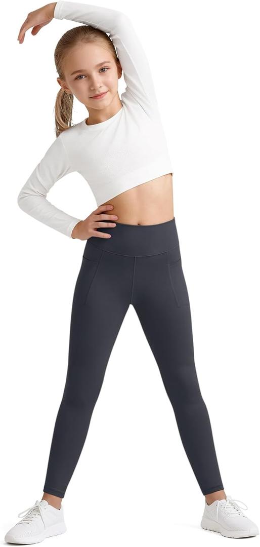 G4Free BareFeel Girls Leggings High Waist Athletic Yoga Pants with Pockets Dance Running Tights 6-12 Years (Black, M)