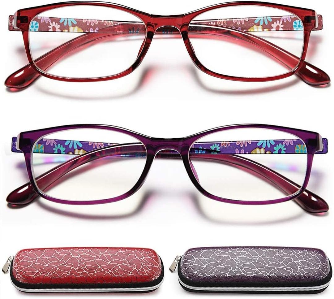 EYEURL Reading Glasses Women Blue Light Blocking - Set of 2 Pattern Design Value Computer Readers (Red+Purple, 3.5)