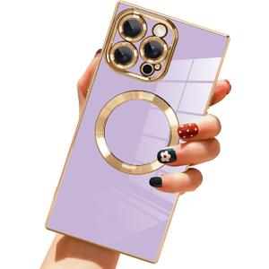 LSL Case for iPhone 16 Pro [Compatible with MagSafe] Soft TPU Bumper Anti-Drop Anti-Scratch Shock Absorption Protective Slim Luxury Plating Magnetic Cover for Women Girls Men - Purple