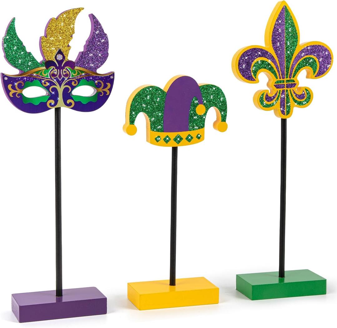 3 Pieces Mardi Gras Tiered Tray Decor Wood Set, Glitter Mardi Gras Table Decor,Rustic Mardi Gras Table Decorations for Party Home Room (Mardi Gras)