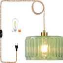 QIYIZM Plug in Pendant Light Hanging Lights with Plug in Cord Boho Hanging Lamp Glass Gold Mid Century Modern Vintage Dimmable Green Flower Plug in Chandelier Ceiling Fixture for Living Room,Kitchen