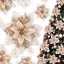 Geosar 36 Pieces Glitter Christmas Poinsettia Artificial Xmas Flower Ornaments Flowers Decorations with Clips and Stem Glitter Poinsettia Christmas Tree Ornaments for Xmas Wedding (Champaign Gold)