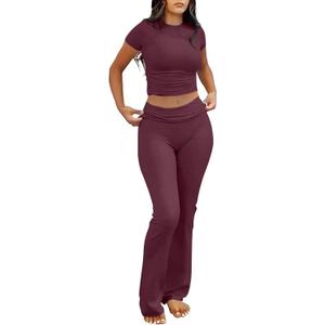 ANRABESS Lounge Sets for Women 2 Piece Foldover Yoga Flare Leggings Pants Crop Tops Casual Y2K Outfits Matching Tracksuit Set (Large, Burgundy)