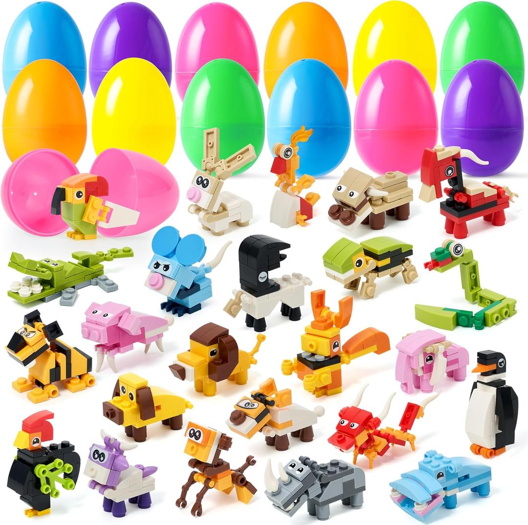 JOYIN 24 Packs Prefilled Easter Eggs with Toys, Cute Animals Building Blocks 3.23" for Basket Stuffers, Kids Party Favors, Egg Hunt, Classroom Events