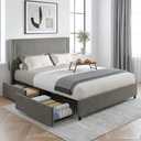VECELO Queen Size Upholstered Bed Frame with 4 Storage Drawers, Adjustable Velvet Rivet Decor Headboard, Wooden Slats Platform Support, No Box Spring Needed, Easy Assembly,Dark Grey