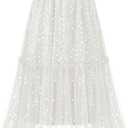 Sequin Tulle Skirts for Women Sparkly Midi Flowy A-Line Party Skirt Layered Skirts (White)