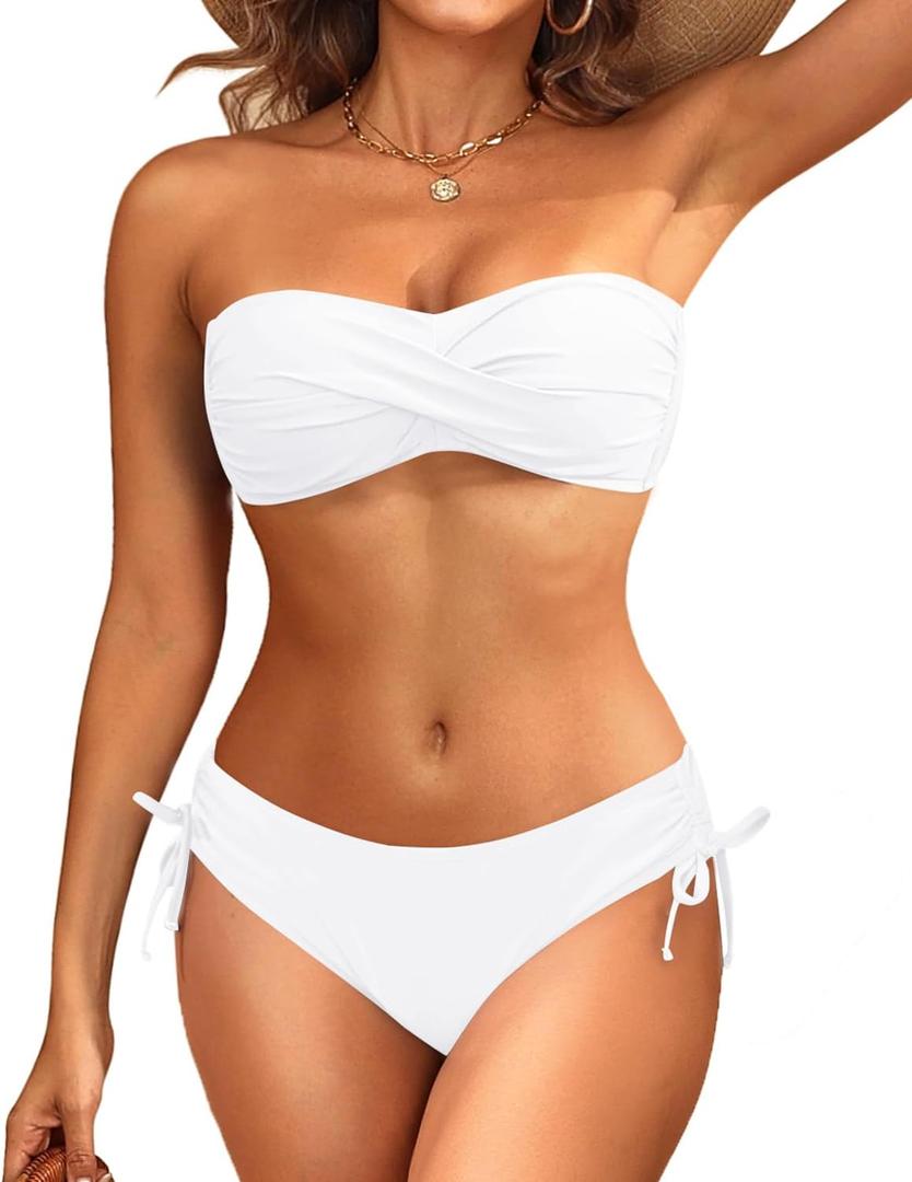 Women's Strapless Bandeau Bikini Set - Twist Front Two Piece Swimsuit Top with Side Tie Bathing Suit Bottom (White)