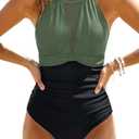 Tempt Me Women One Piece Swimsuit High Neck Plunge Ruched Tummy Control Bathing Suit (Large, Olive Green Black)