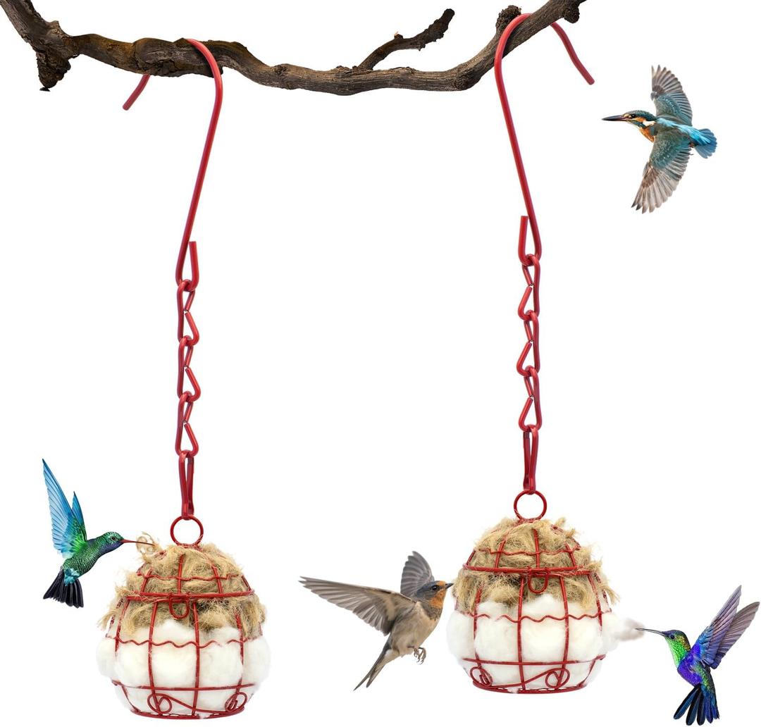 Bird Nesting Material, 2 Pack Refillable Hummingbird Nesting Material Cage Holder with Natural Cotton for Hummingbird Nest, Gift for Bird Lover, Nesting Balls Birds for Outdoor Hanging