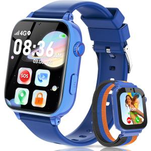 4G Kids Smart Watch with GPS Tracker, Video Call & Texting, Smart Watch for Kids with SIM Card, SOS, School Mode, HD Camera, Pedometer, Kid Watch Gift for Boys Girls Age 4-12, Bule