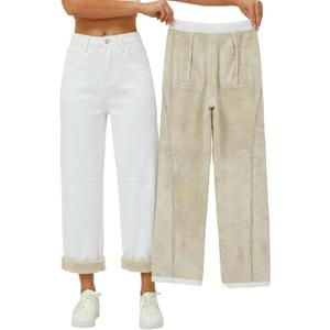 EMMIOL Baggy Jeans Women Straight Leg Mid Rise Boyfriend Wide Leg High Waisted Cute Trendy Y2K Loose Fit Pants Stretchy (Medium, Fleece Lined 041-white), Medium