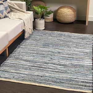 Chardin home Farmhouse Rag Rug 4x6 feet Denim Blue | Cotton & Jute Hand Woven Chindi Rug, Long Boho Rug | Perfect for Hallways, Kitchens, Bathroom, bedrooms | Shades of Blue (4' x 6' (Rectangular))