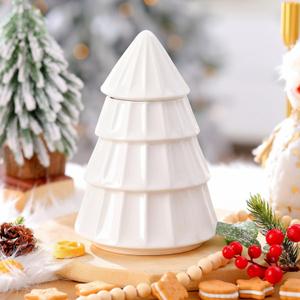 Roowest Ceramic Christmas Cookie Jar 10 x 7 Inch Neutral Christmas Tree Ceramic Cookie Jar Xmas Holiday Farmhouse Decor with Lid Bowl Food Storage Container for Xmas Festival Holiday Party Gift