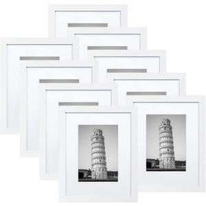 Wiscet Picture Frame Set of 9, 11x14 with Mat or 8x10, White, Classic Design, Engineered Wood, Wall Mount or Tabletop