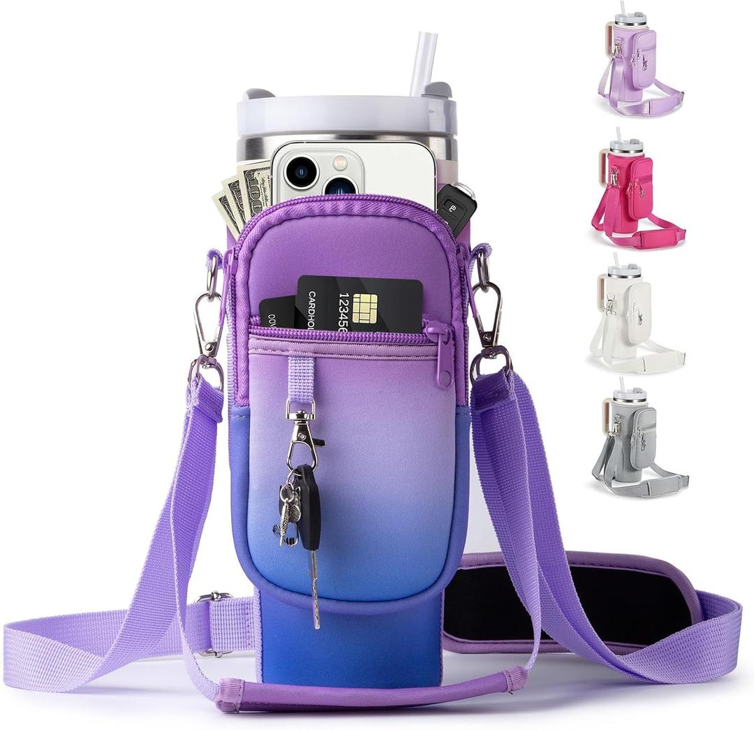 linmaya Water Bottle Carrier Bag with Phone Pocket for Stanley Cup 40/30oz,Insulated Neoprene Water Bottle Holder Cross-boday Bag with Adjustable Shoulder & Handheld Strap Stanley Cup Accessories (blue purple gradient)