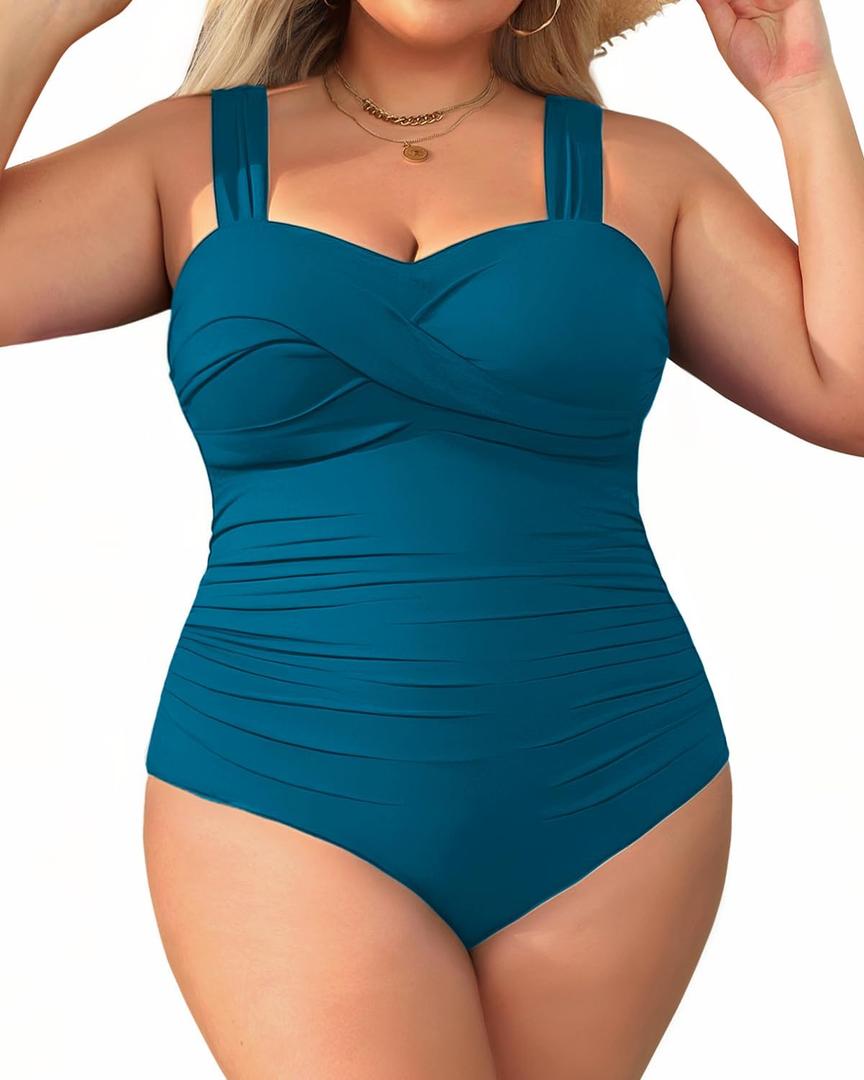 Yonique Plus Size One Piece Swimsuit for Women Tummy Control Bathing Suit Ruched Swimwear Teal 20W