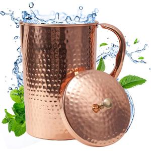 Copper Water Pitcher with Lid  100% Pure Copper Jug for Drinking Water, Juices and Beverages (68oz / 2L) | Handcrafted Hammered Vessel