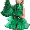 Christmas Tree Costume for Baby Girls Kids with Hat Birthday Holiday Party Dress Clothes Gifts Dress-Up Outfit, Waist 24 In, Length 18 In