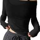 QJQ Women's Sheer Mesh Off The Shoulder Tops Long Sleeve See Through Shirts Going Out Party Club Outfits (Black, XXL)