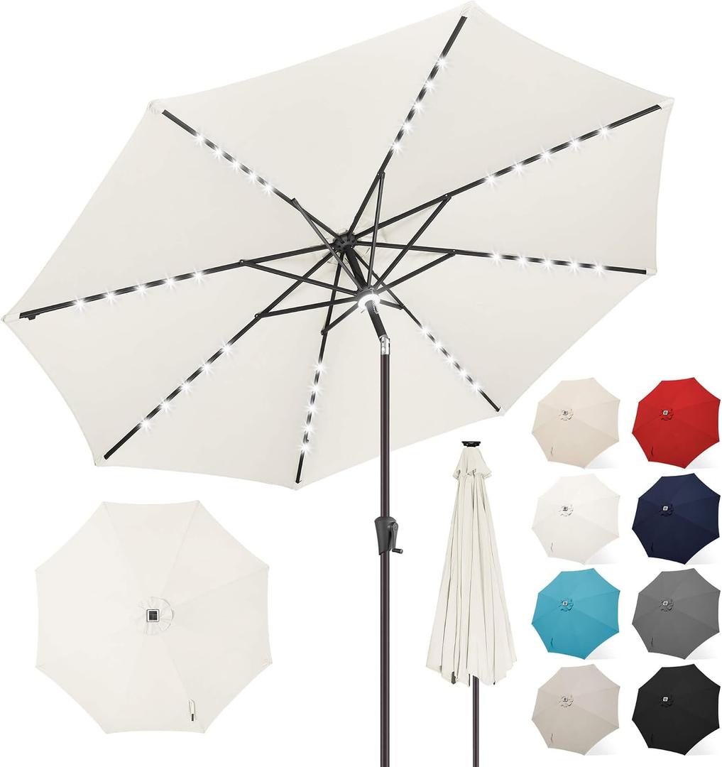 FLAME&SHADE Solar Patio Umbrella with a Centre Light, 9 FT Ivory | 40 LED Lights, UV Protection, Waterproof, Porch Deck Outdoor Umbrella for Pool, Backyard, Garden, Provides Evening Lighting