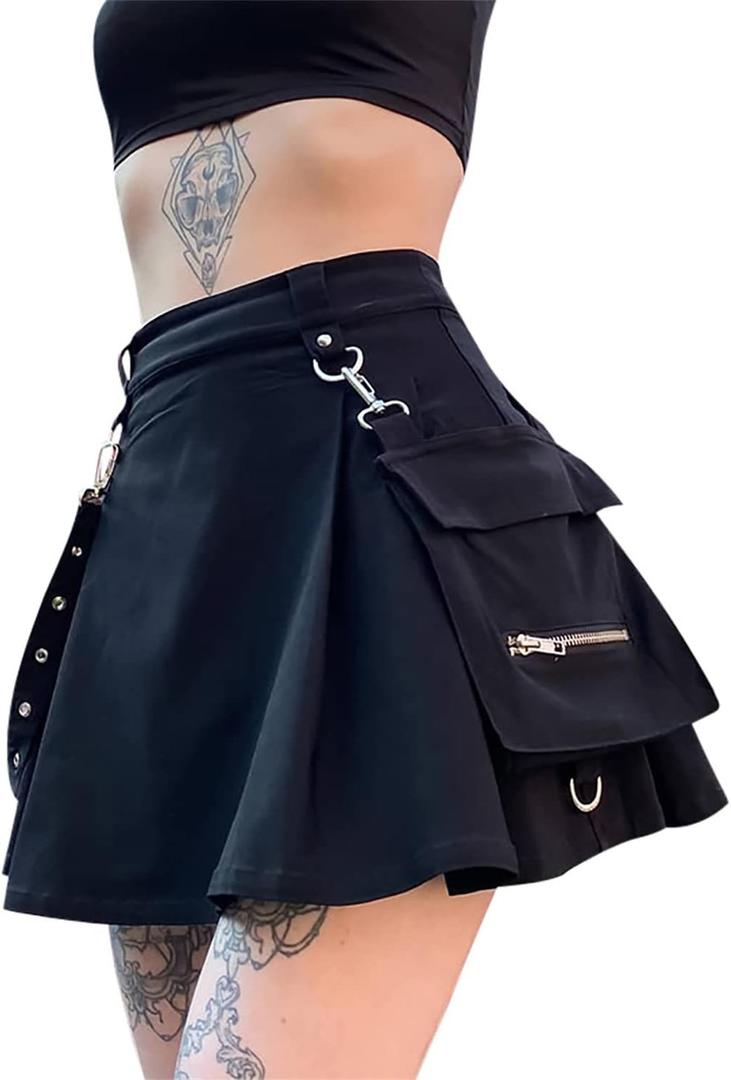 Ruolai Goth Black Pleated Mini Skirt with Chain High Waisted Tennis Skirt (X-Large)